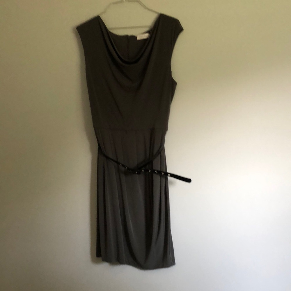 CALVIN KLEIN DRESS, army green color with black belt, goddess style draped neck
